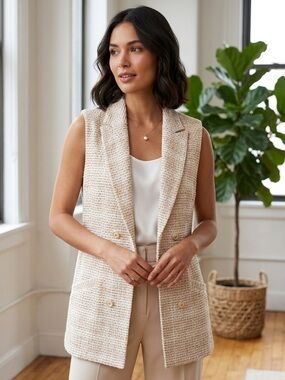 Soho Beige Knit Vest with Gray Ribbed Top.